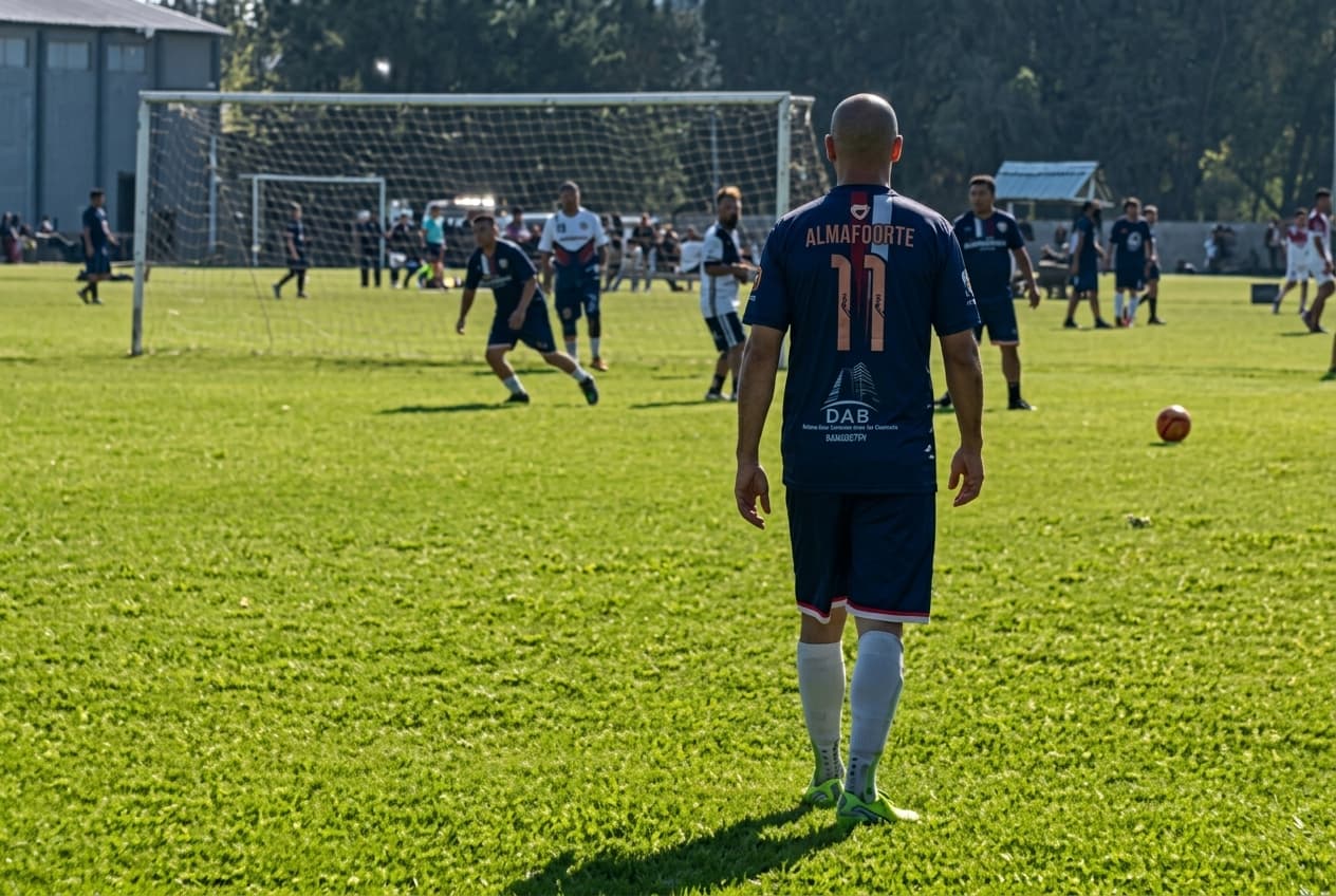 Jugador de camiseta azul número 11 de espaldas, mirando el partido en una cancha de pasto